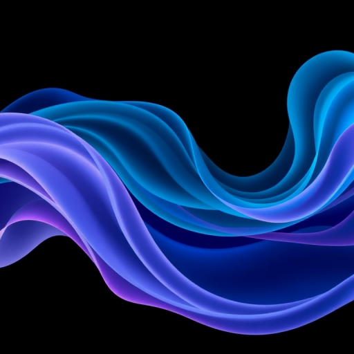generate an abstract image of flowing waves in shades of blue, purple, and teal on a black background, using a DSLR camera with a 50mm lens, aperture f/2.8, shutter speed 1/100s, and ISO 200 to enhance image quality with a smooth, soft focus effect.