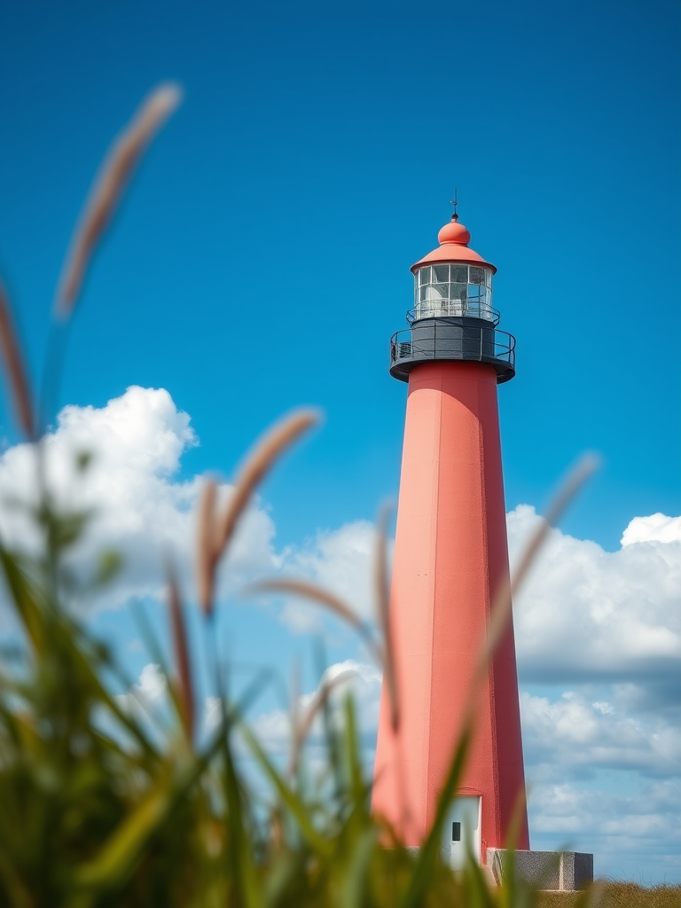 Capture a bright lighthouse standing tall against a blue sky with fluffy clouds, framed by coastal grass in the foreground, using a DSLR camera with a 24mm lens, aperture set to f/8, ISO 100, and a shutter speed of 1/200 seconds for vibrant colors and sharp details.