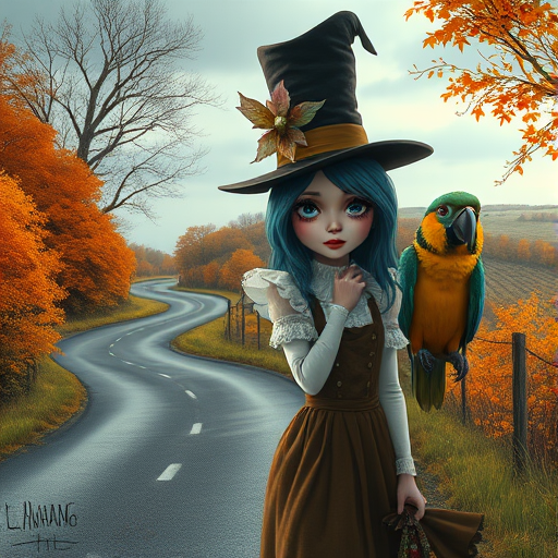 digital art fantasy depicting a strange girl with blue hair, long eyelashes, Yellow lipstick and a tall hat walking along a winding road on an autumn afternoon, an Parrot smiles as she passes