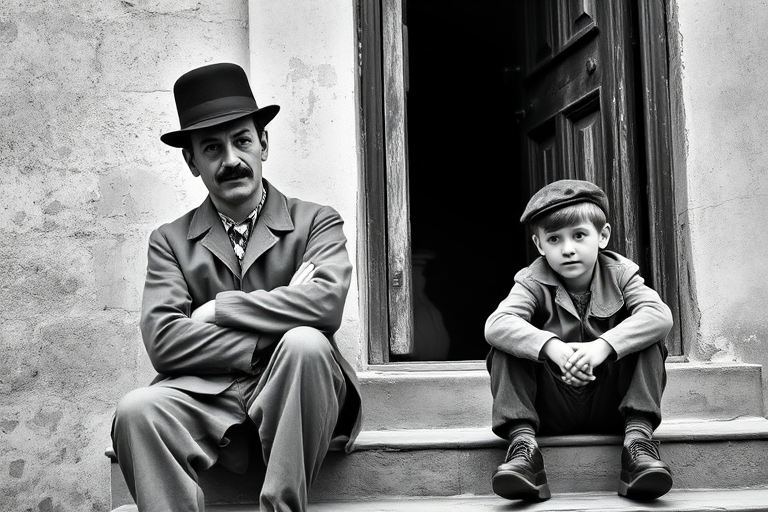 A black-and-white photograph of a man and a child sitting on steps in front of a doorway. The man is dressed as a tramp with a bowler hat, mustache, and ragged clothes, reminiscent of Charlie Chaplin's iconic look. He is sitting with his arms crossed and an expression of slight sadness or frustration. Next to him is a young boy, also in worn clothes and a cap, sitting with his hands clasped, looking thoughtful. The background is an old, textured wall and a partially open door, creating a vintage, early 20th-century atmosphere.