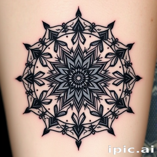 Intricate blackwork tattoo depicting a geometric mandala with intricate dotwork shading and symmetrical patterns, incorporating sacred geometry elements, called "Cosmic Symmetry"