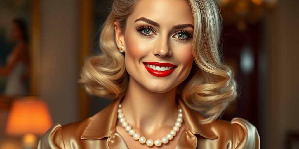 A beautiful woman reminiscent of 1950s Hollywood glamour, with perfectly styled blonde hair and a seductive smile, dressed in a satin blouse and adorned with pearls, soft and warm tones, photorealistic, 8K