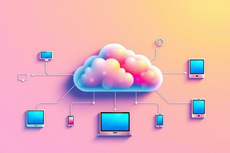 Create a digital illustration of a cloud network connecting multiple devices with vibrant colors and clear icons, using a high-resolution setting of 300 DPI, a focal length of 50mm, an aperture of f/8, in a flat lay style, using a digital painting technique.