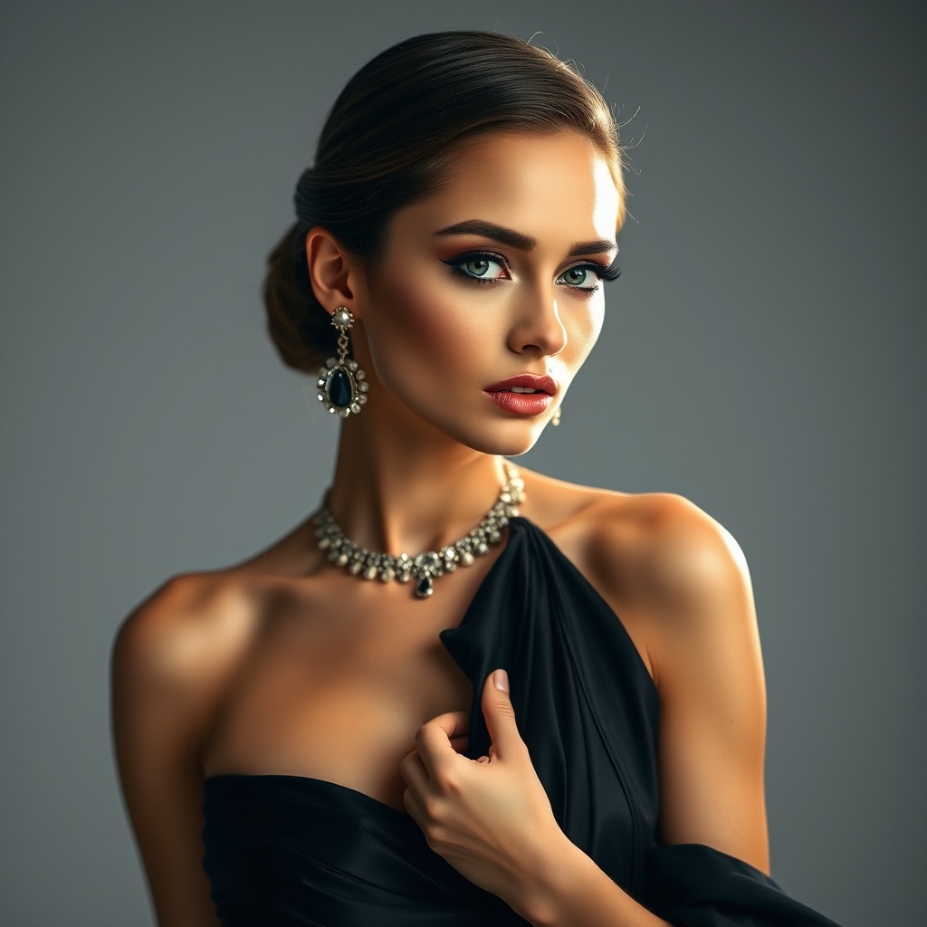 Studio portrait, female model, elegant couture dress, bold makeup, dramatic lighting, Shoot over the shoulder using a telephoto lens to focus on small details like jewelry, makeup, or fabric textures