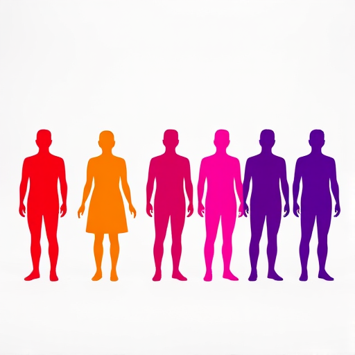 Create an image of six stylized human figures in a line, colored from red to purple, against a neutral white background, using a DSLR camera with a 50mm lens, aperture set to f/2.8, ISO 100, and a soft focus to enhance color vibrancy and clarity.