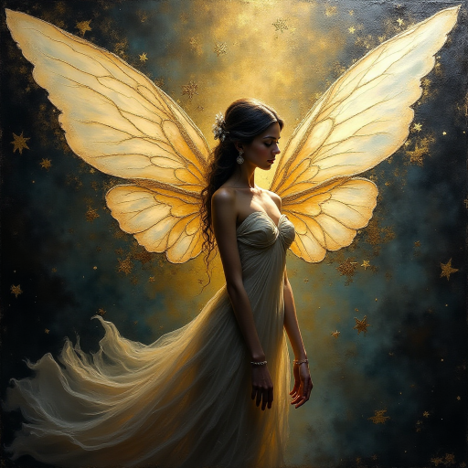 Palette knife oil painting, featuring an elegant feminine fairy with enormous translucent wings, high contrast, impasto texture, with chiaroscuro and dramatic shadows and shining Gold Foil highlights