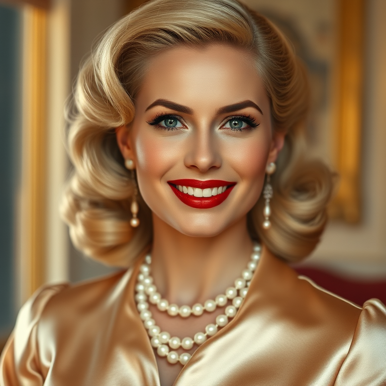 A beautiful Creole woman reminiscent of 1950s Hollywood glamour, with perfectly styled blonde hair and a seductive smile, dressed in a satin blouse and adorned with pearls, soft and warm tones, photorealistic, 8K
