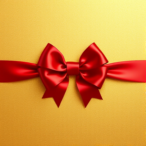 Create an image of a luxurious gold and red ribbon background with a prominent shiny red bow at the center, using a DSLR camera with a 50mm lens, aperture f/2.8, ISO 100, shot in a soft diffused lighting environment for enhanced texture and depth.