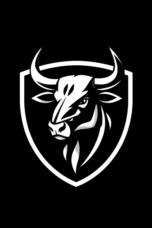 Create a high-contrast black and white logo featuring a stylized bull's head within a shield, using a Canon EOS 5D Mark IV, 85mm lens, aperture f/1.8, ISO 100, and capturing a dramatic side view for enhanced detail and texture.