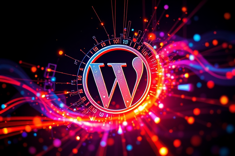Create an abstract digital artwork featuring the WordPress logo surrounded by vibrant, colorful light effects and technological elements in a dark background, with a 50mm lens, f/1.8 aperture, ISO 100, capturing a dynamic high-contrast view using a digital SLR camera.