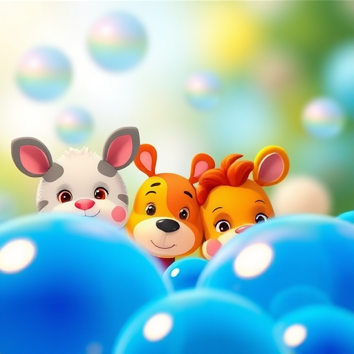 create a whimsical cartoon image of cute animal faces peeking from behind large blue bubbles using a 50mm lens at f/2.8 with a soft focus background, shot in bright daylight with high saturation colors and a slight vignette for depth.