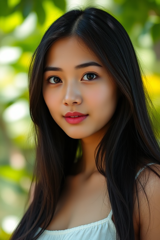 portrait of a young woman with long black hair, soft natural lighting, shallow depth of field, ISO 100, f/2.8, 85mm lens, shot on a DSLR camera in a lush green environment, focus on the subject with blurred background
