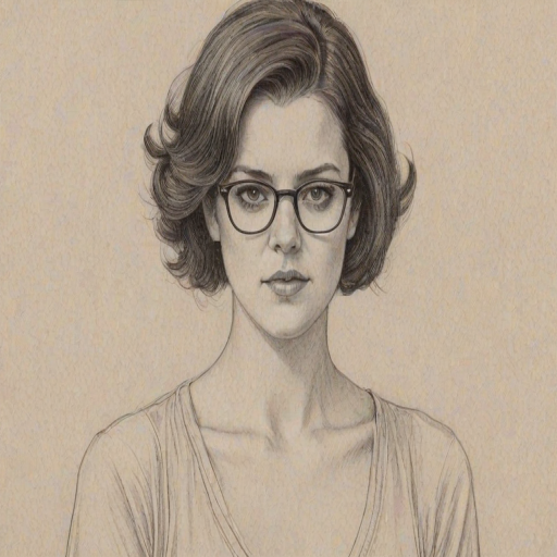 Enchanting Melanie Lynskey, pencil sketch, portrait of Graceful woman 1976s in glasses, hair style beatnik, outline, clear lines, fine lines, 8k