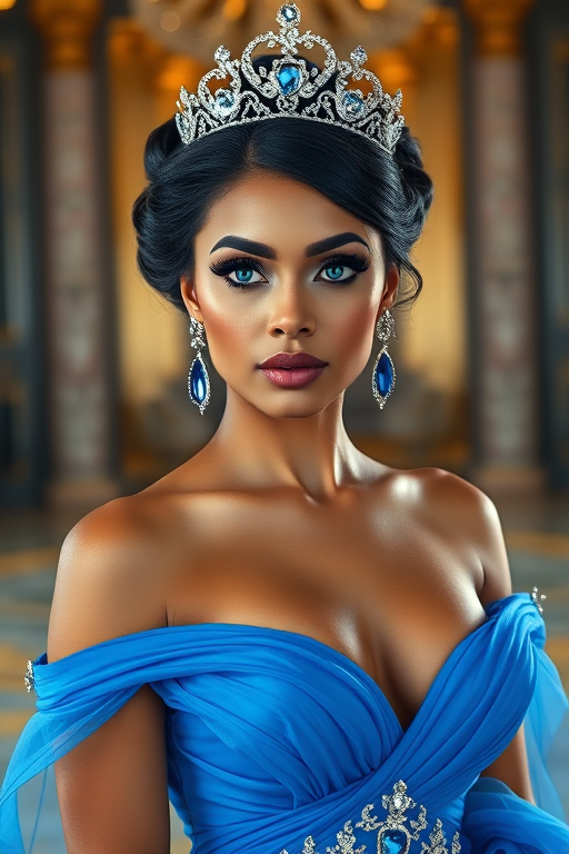 A gorgeous Indo-Caribbean woman in a luxurious blue gown, accessorized with a dazzling tiara and statement earrings, her deep blue eyes highlighted by impeccable makeup, poised in a royal setting, photorealistic, 8K quality
