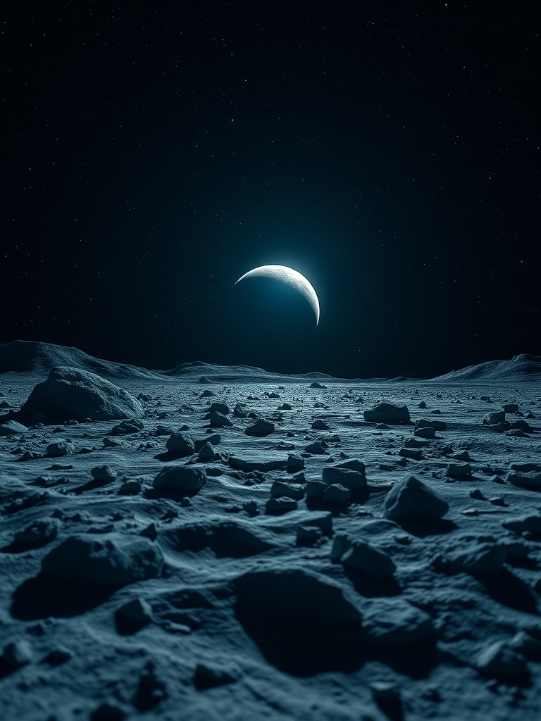 Generate a high-resolution image of a distant planet viewed from a rocky lunar surface with a starry background, using a DSLR camera at f/8 aperture, ISO 100, 30 seconds exposure, 24mm lens, capturing a wide-angle perspective with enhanced color saturation and contrast.