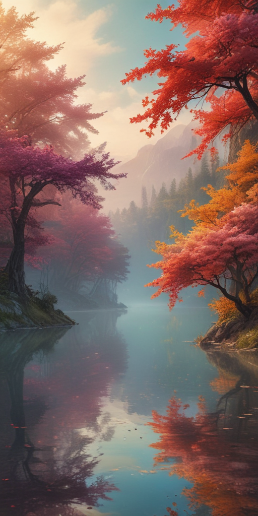Serene Autumn Landscape with Vibrant Trees Reflecting in Calm Waters