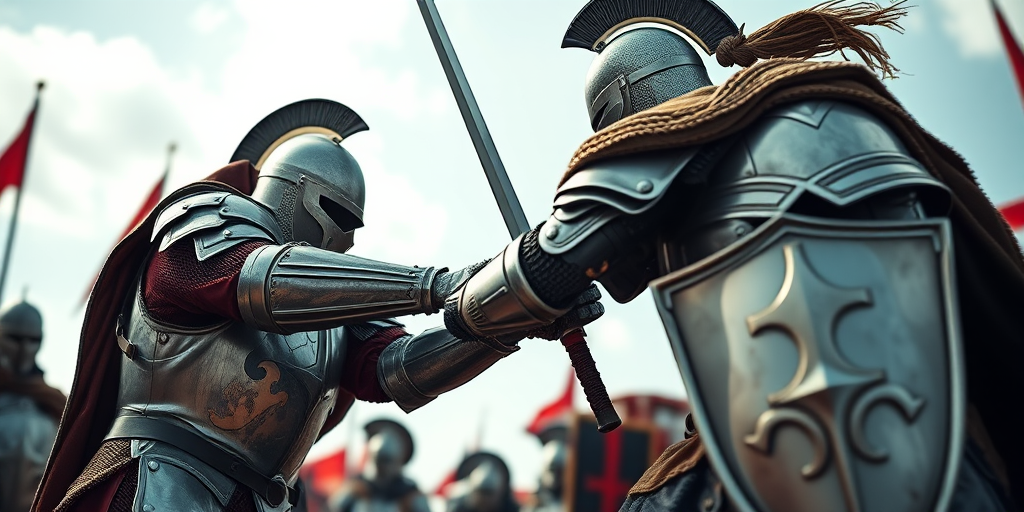 Create a dynamic scene of two medieval knights in full armor engaged in combat, using a Canon EOS R5 with a 50mm f/1.8 lens, aperture set to f/2.8 for a shallow depth of field, ISO 100 for bright lighting, and shutter speed at 1/500s for crisp motion capture, viewed from a low angle to highlight their armor details and dramatic poses.