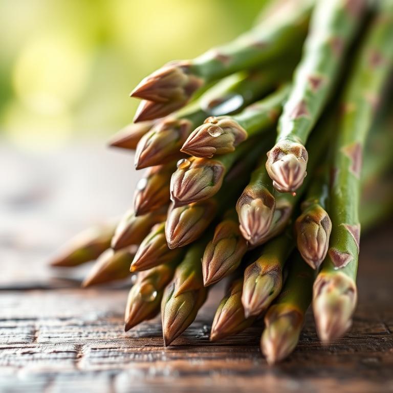 asparagus bundle with droplets on wooden surface, macro view, f/2.8 aperture, ISO 100, 1/200 sec shutter speed, DSLR camera, natural light with soft bokeh background
