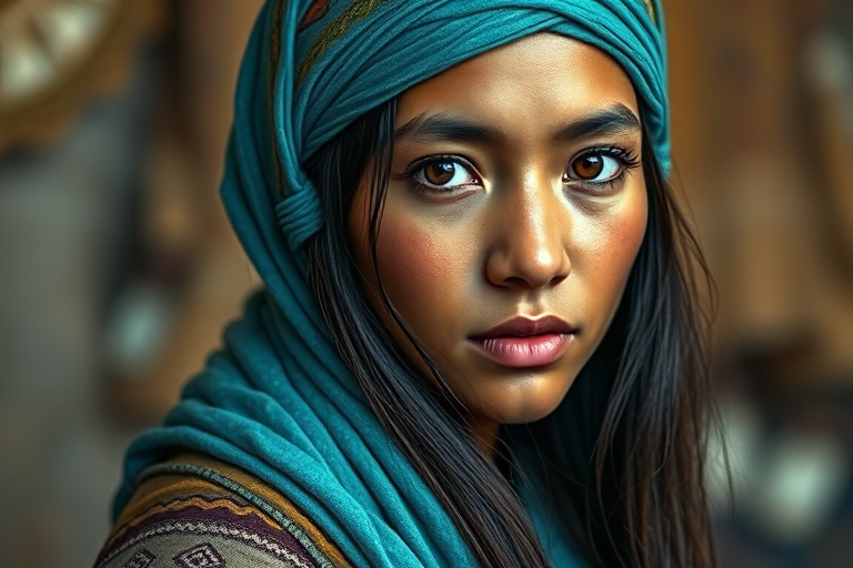 Create a portrait of a young Inca female with long, dark hair and captivating hazel eyes. She is wearing a cyan headscarf and a matching scarf draped gracefully around her neck. The background is softly blurred, focusing attention on her serene and natural expression. The overall color palette is muted and warm, enhancing the intimate and authentic feel of the portrait.
