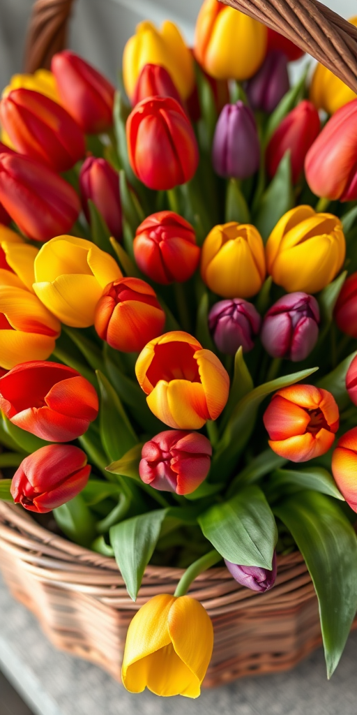 A vibrant basket filled with red, yellow, and purple tulips, shot with a DSLR camera using a 50mm lens, aperture f/2.8, ISO 100, in soft natural light, from a slightly elevated angle to capture the depth and colors of the flowers.