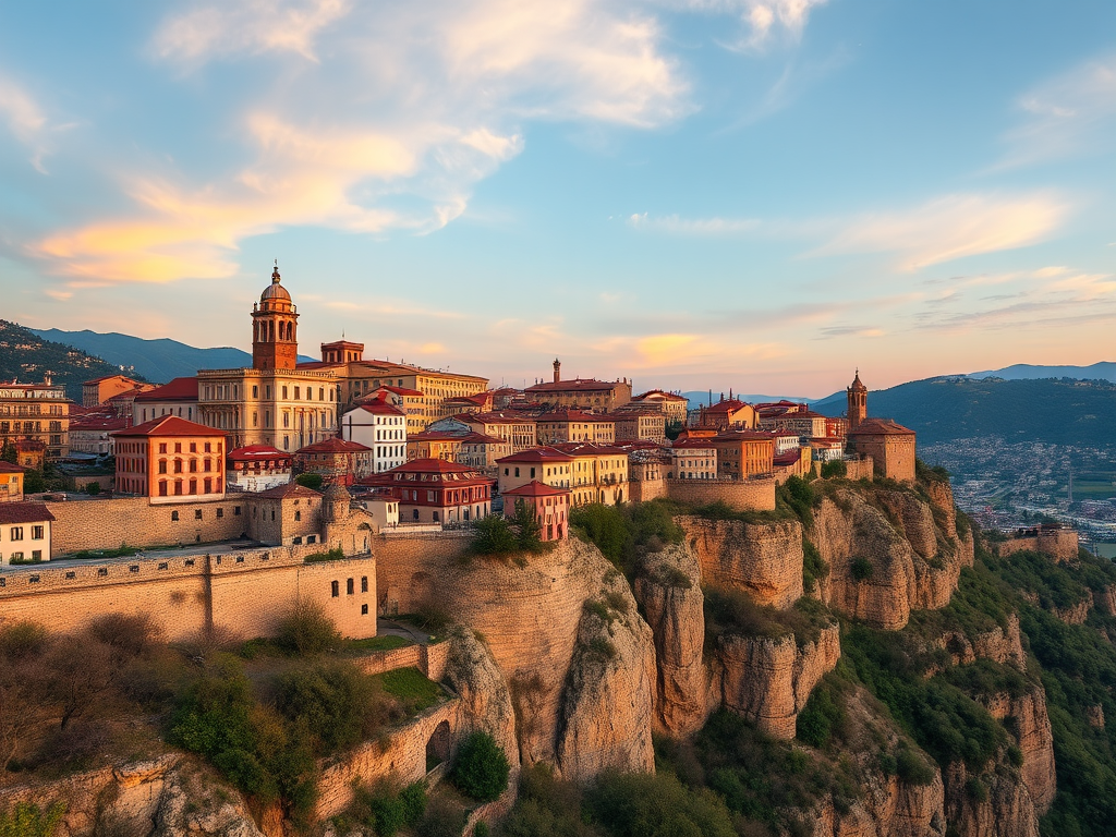 Capture a panoramic view of Tbilisi's old town buildings perched on a cliff at golden hour, with a Canon EOS R5, 24mm lens, f/8 aperture, ISO 200, and 1/125 second shutter speed for vibrant colors and sharp details.