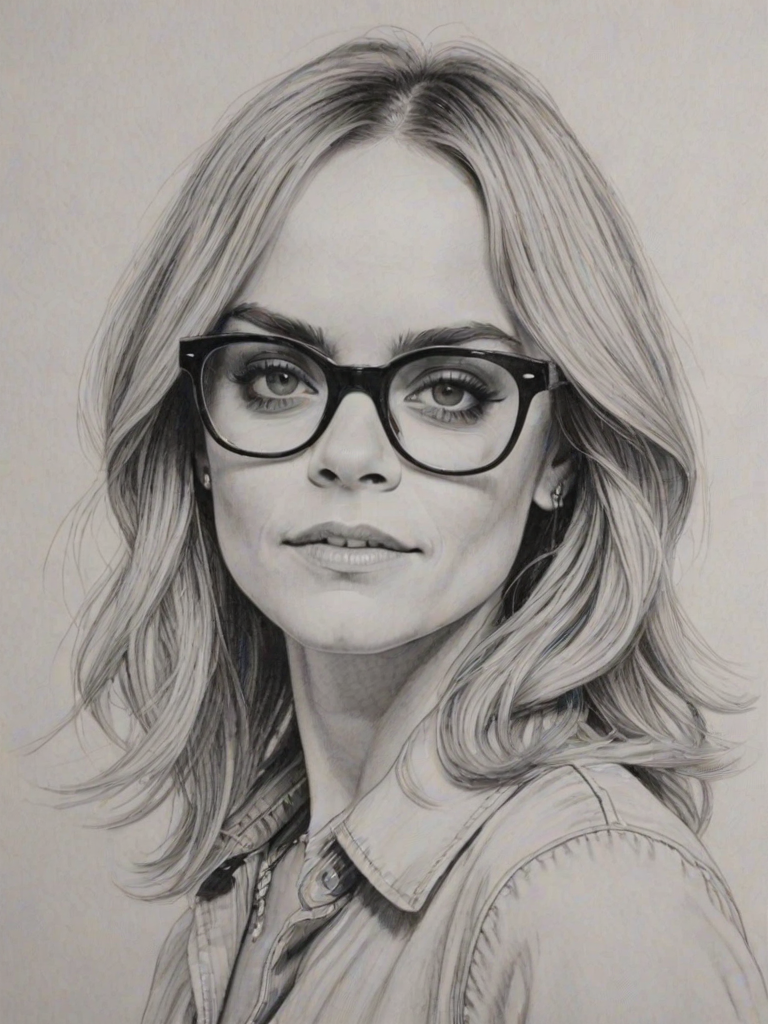 Wonderful Taryn Manning, pencil sketch, portrait of Dazzling woman 1973s in glasses, hair style beatnik, outline, clear lines, fine lines, 8k