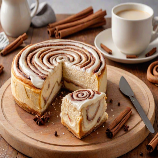 Create a delicious dessert scene featuring a round cinnamon roll cheesecake on a wooden serving board. The cheesecake has a smooth, creamy surface with swirls of cinnamon on top, and one slice has been cut out, showcasing the layers inside. In the background, include a small pitcher of cream and some cinnamon sticks for added detail.