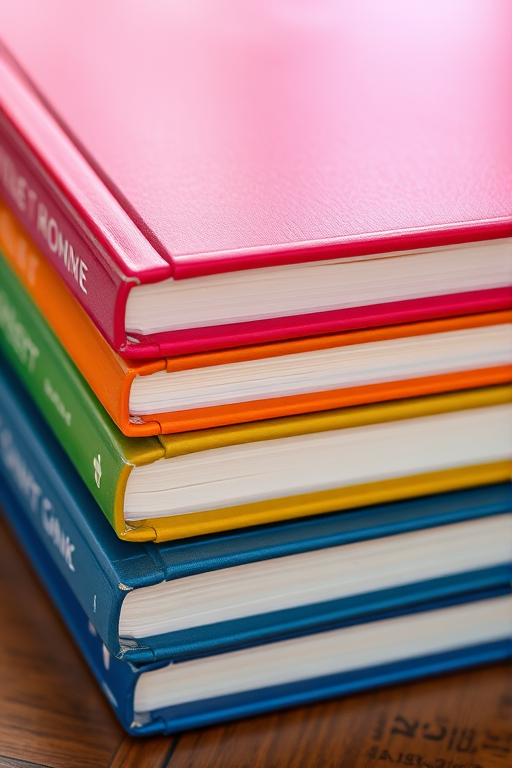 Create a high-resolution image of a stack of three colorful books with a glossy finish, captured from a slight top-down angle using a DSLR camera, with a 50mm lens, aperture set to f/2.8, ISO 100, and natural lighting for enhanced vibrancy.