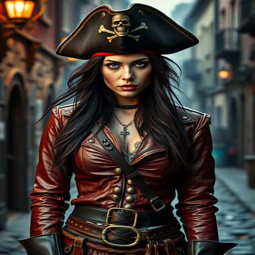 Create a portrait of a fierce female pirate. She wears a leather tricorn hat adorned with a skull and crossbones emblem, and her long, dark hair flows around her face. Her outfit consists of a richly detailed leather jacket, a corset, and multiple layers of belts and accessories, giving her a formidable and stylish appearance. She stands confidently in a dimly lit, historic port town, with a backdrop of weathered buildings and cobblestone streets, capturing the adventurous spirit of a pirate.
