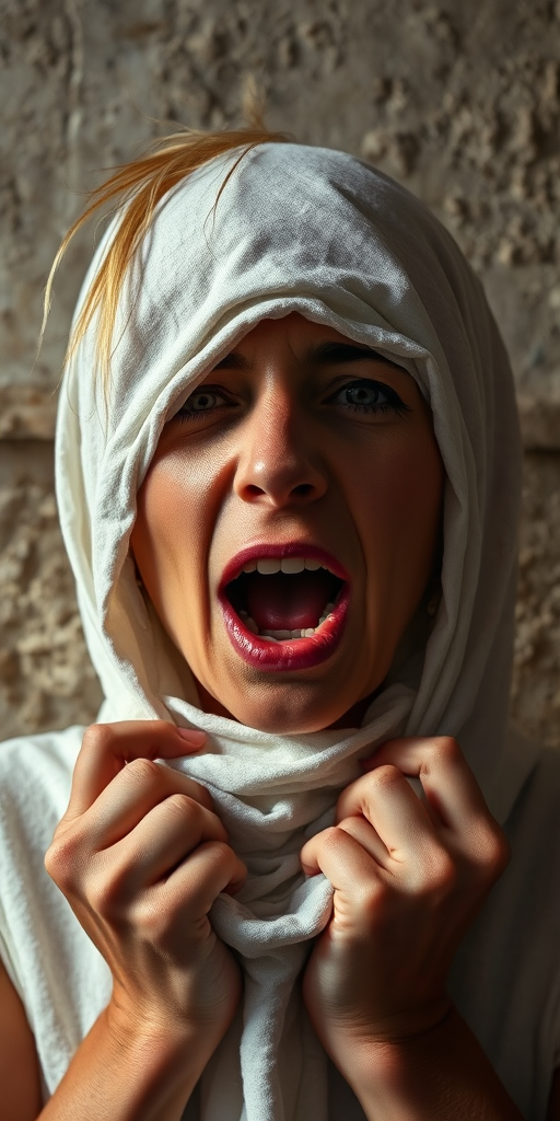 Create a close-up photographic image of a Romani woman with light skin tones shown against an old, worn wall. Their head is wrapped in a white cloth covering (i.e.... parts of the head except the nose and mouth, which are open as if they are screaming...), with a slight texture and visible folds in the fabric. Thin strands of blonde hair escape from the wrapping above, falling lightly at the top and sides. Their hands hold the fabric as if they are tugging nervously. The lighting is dramatic and even, casting strong shadows. The image has a minimalist and surreal style with an emphasis on simplicity with soft color tones. The composition is centered.