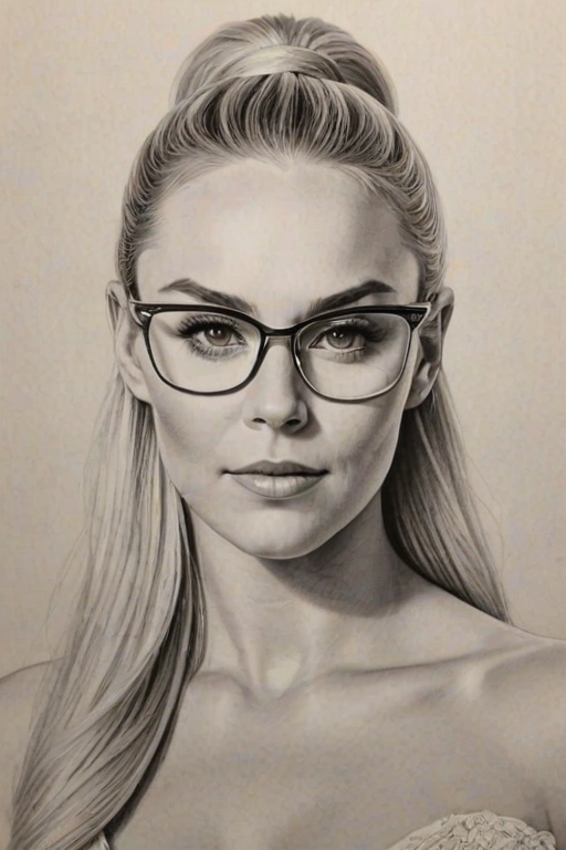 Exquisite Lindsey Vonn, pencil sketch, portrait of Wonderful woman 1957s in glasses, hair style beatnik, outline, clear lines, fine lines, 8k