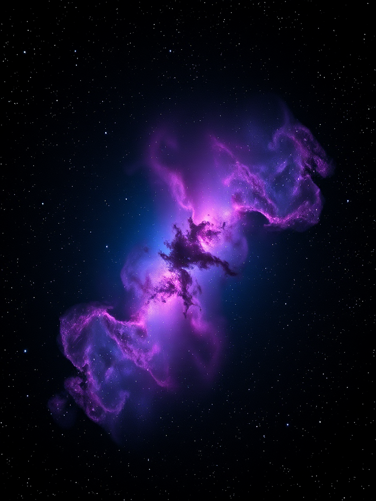 A vibrant cosmic nebula with swirling colors of purple and blue against a black background, intricate details in the stars, captured with a DSLR camera at f/2.8, ISO 800, 30 seconds exposure, wide-angle lens, long exposure style.