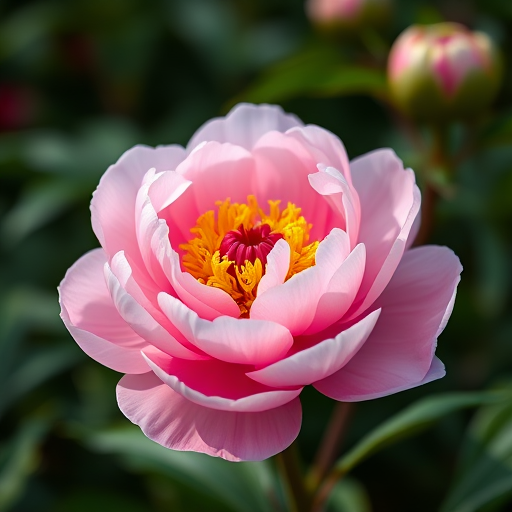 photograph of a blooming peony flower, soft focus, ISO 100, f/2.8, 50mm lens, natural lighting, macro view, DSLR camera, high resolution
