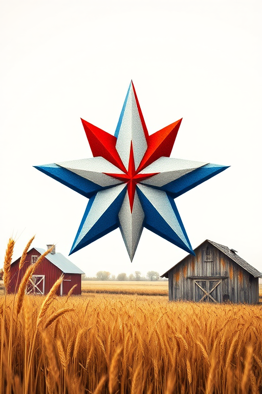 Create a detailed illustration of a three-dimensional star with red, white, and blue colors, surrounded by wheat and two rustic barns, using a DSLR camera with a 50mm lens, f/2.8 aperture, ISO 100, shot in HDR style.