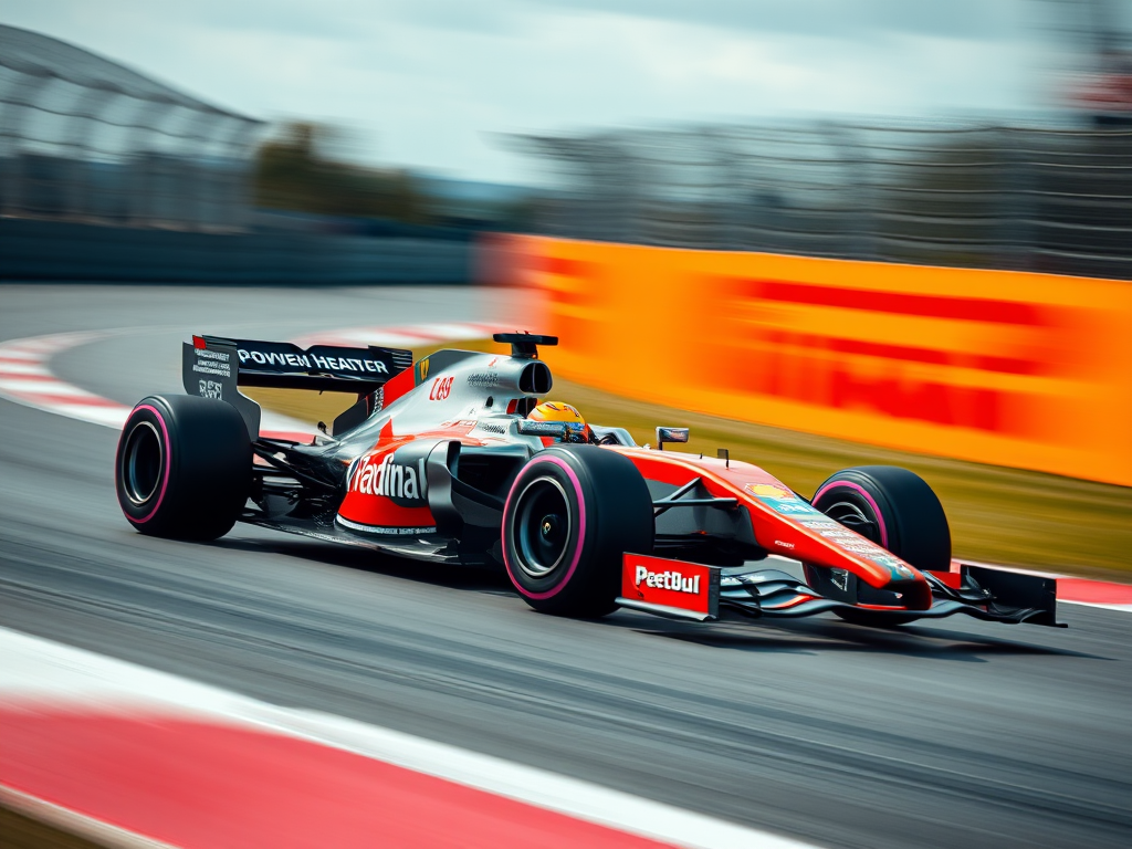 High-speed shot of a Formula 1 car racing on a track, using a DSLR camera with a shutter speed of 1/1000s, aperture f/4, ISO 200, capturing a side view with a blurred background for motion effect, focus on the car while maintaining vibrant colors and sharp details.