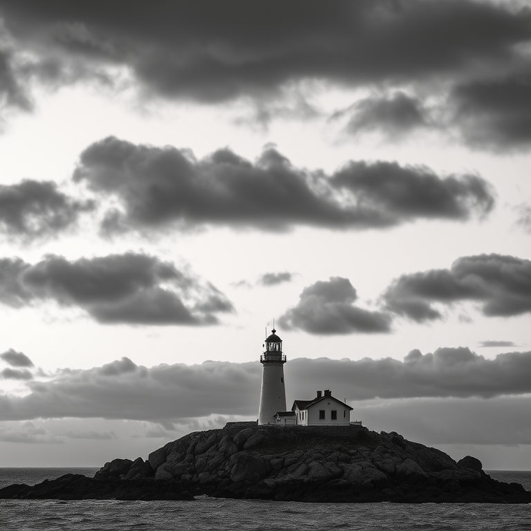 High-resolution black and white photograph of a lighthouse on a rocky island at dusk, with dramatic clouds overhead, taken with a Canon EOS R5, 50mm lens, f/8 aperture, ISO 100, 1/125 sec shutter speed, with a panoramic view for enhanced clarity and detail.