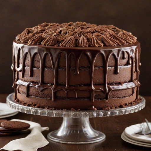 Create a tall chocolate cake with layers of creamy chocolate frosting. The cake should be topped with a generous amount of crushed cookies, brownie pieces, and whole chocolate sandwich cookies. Include a rich chocolate ganache drizzling down the sides for a decadent effect. The cake should be placed on a clear glass cake stand, with a cozy kitchen background.