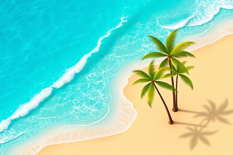 Create a vibrant graphic illustration of a tropical beach scene, featuring turquoise waves crashing on golden sand, with two palm trees on the shore, rendered in a 3D isometric style; use a Canon EOS 5D Mark IV with an aperture of f/2.8, ISO 100, and a shutter speed of 1/500 seconds, ensuring a bright and colorful palette with sharp details.