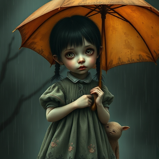 An eerie, weird little girl with dark hair in thin pigtails, wearing a smock dress, standing in the rain, holding a dirty orange umbrella, a small, odd creature beside her. In a surreal style inspired by Nicoletta Ceccoli and Brian Froud. Dark fantasy themes