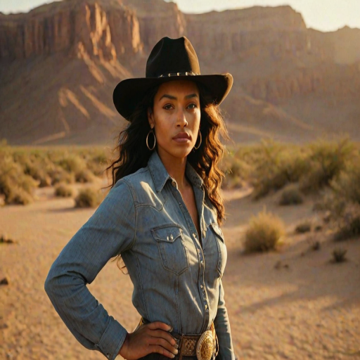 Dramatic photo of a beautiful Cape Verdean woman, classic cowboy attire, confident and free spirit expression, half-length portrait, centered, golden hour desert landscape, warm, diffused light, low angle, medium format film camera, in style of Annie Leibovitz.