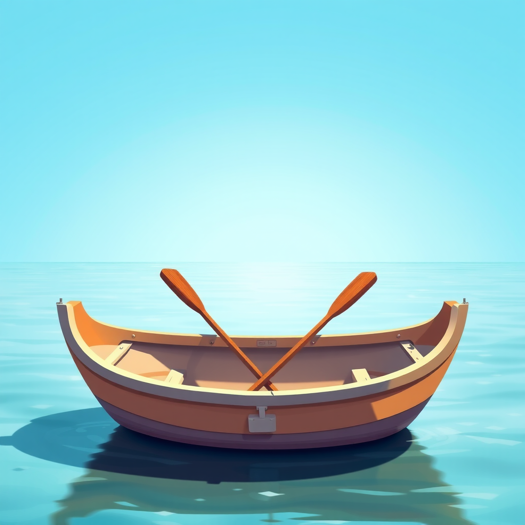 Create a vibrant illustration of a flat-bottomed rowboat with two oars resting inside, set against a bright blue sky and calm waters, using a DSLR camera with an aperture of f/8, ISO 200, 50mm lens, and a soft focus effect to enhance colors and details.