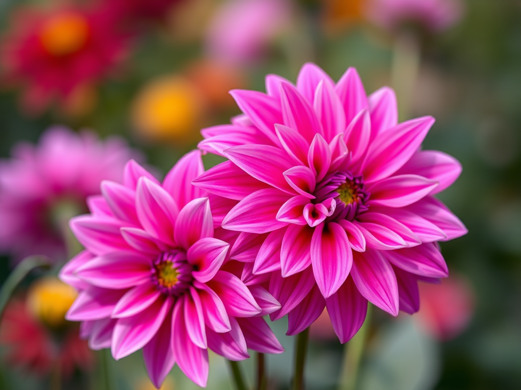 macro shot of vibrant pink dahlias with soft bokeh background, f/2.8 aperture, 50mm lens, ISO 100, natural light, DSLR camera, focus on flower details
