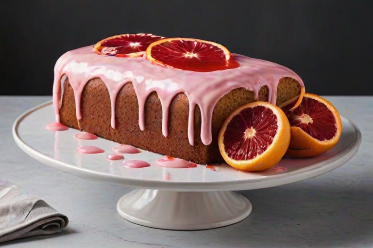 Create an image of a loaf cake topped with pink icing and decorated with slices of blood orange. The cake should have a moist texture, and the icing should appear glossy, with some drips running down the sides. The background should be a simple, light pattern to keep the focus on the cake.