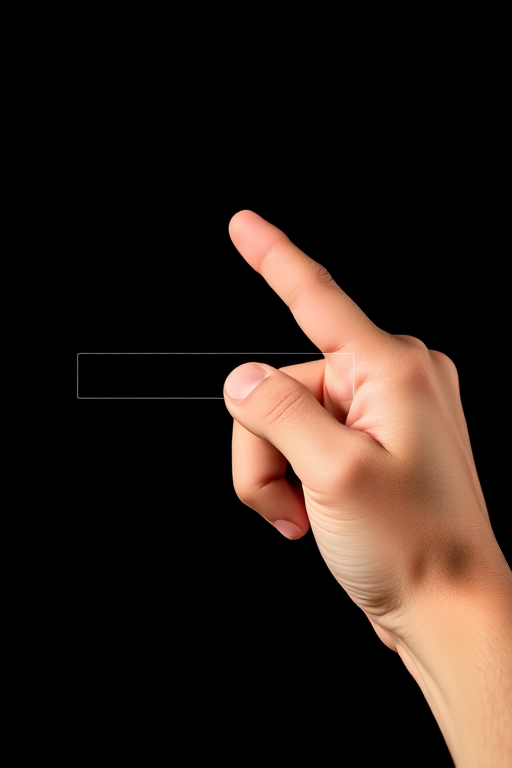 A close-up of a human hand pointing with a transparent search bar overlay on a black background, captured with a DSLR camera at f/2.8, ISO 100, 1/200s, using a 50mm lens in a studio setup for high detail and clarity.