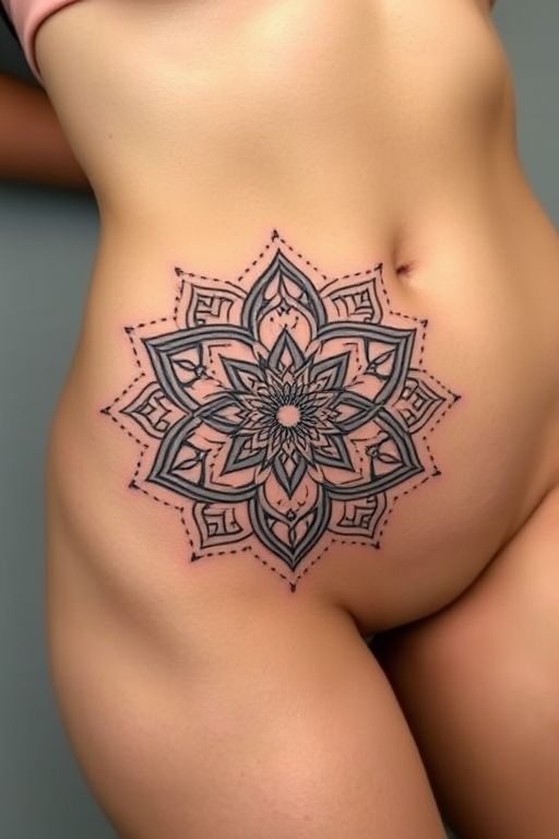 Mandala underboob tattoo with intricate geometric patterns and delicate dot work, designed to accentuate the natural curves of the body for a flattering and feminine look