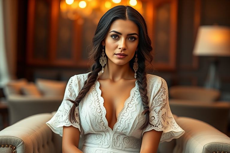 Create a portrait of a refined and elegant Coptic woman seated in a sophisticated setting. She has long, wavy hair styled in two thick braids that are pulled over her shoulders. She wears a white, lace gown with intricate patterns, featuring a deep V-neckline and short sleeves. The dress exudes a vintage charm with its delicate lacework. She is adorned with ornate, dangling earrings that add a touch of glamour to her appearance. The background is softly lit, with warm, ambient lighting that creates a cozy and inviting atmosphere. Her expression is poised and serene, capturing a sense of grace and elegance.