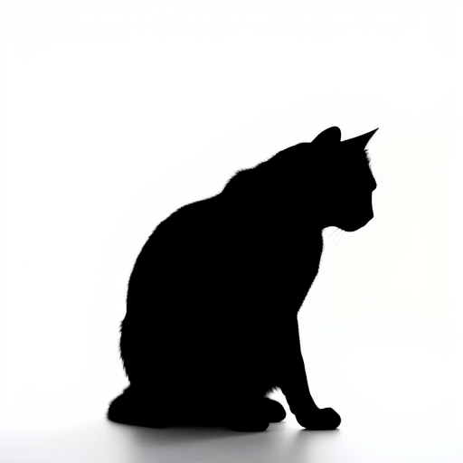 Generate a high-resolution minimalist black silhouette of a cat against a white background, using a 50mm lens, f/1.8 aperture, ISO 100, shot from eye level with a DSLR camera for detailed clarity.