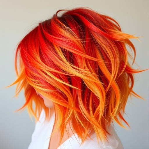 Fiery Phoenix Feathered Layers featuring a bold blend of vibrant red orange and yellow hues styled in wispy textured layers resembling the majestic plumage of a mythical firebird