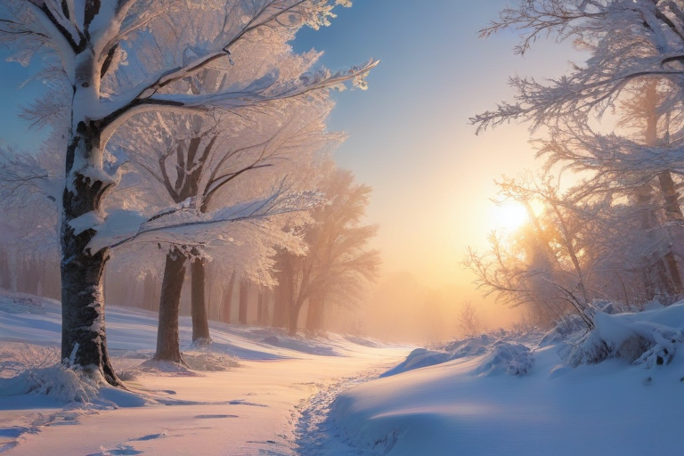 A Serene Winter Landscape with Snow-Covered Trees and Glowing Sunrise.