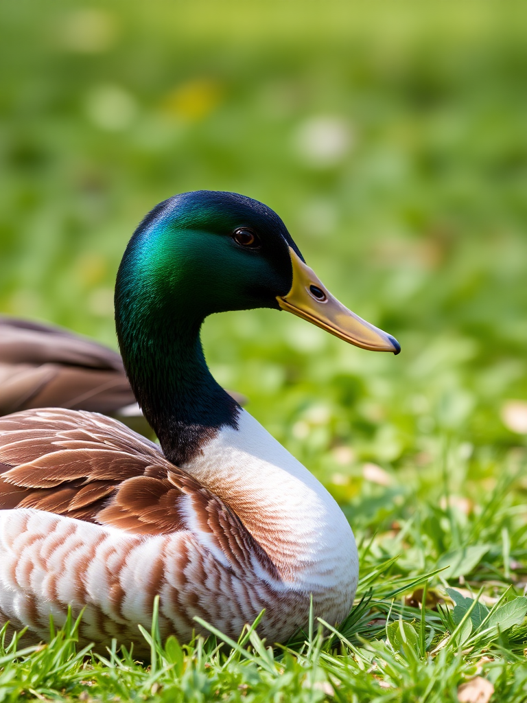 two ducks resting on green grass, shallow depth of field, f/2.8, ISO 200, 50mm lens, natural lighting, DSLR camera, focused on the foreground duck